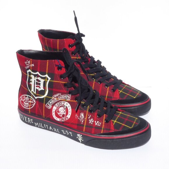 NEW Polo Ralph Lauren Solomon red plaid hi top sneakers shoes mens size 11.5